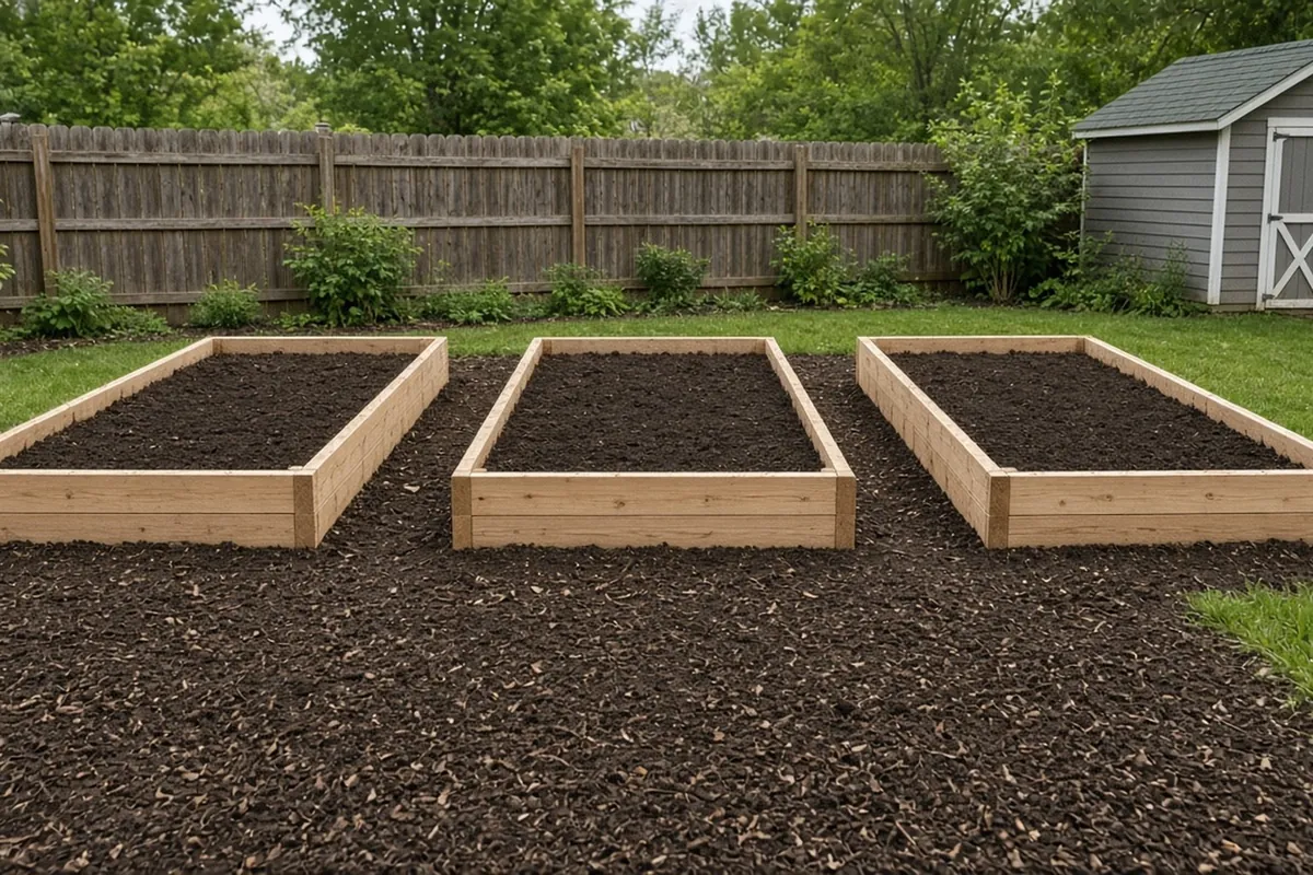 Three new wooden raised beds in a row with mulched paths between them, ready for planting