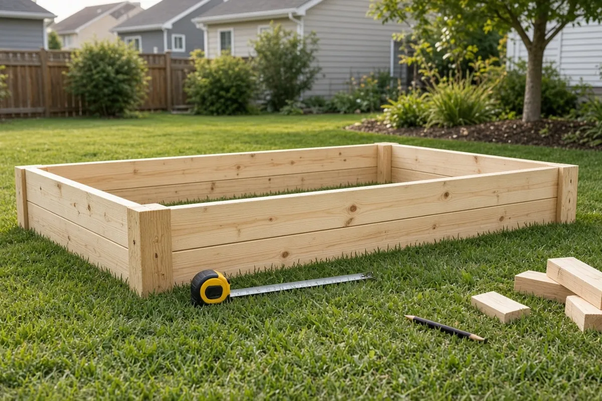 An unfinished two-board raised bed frame on a lawn with a tape measure along the long side