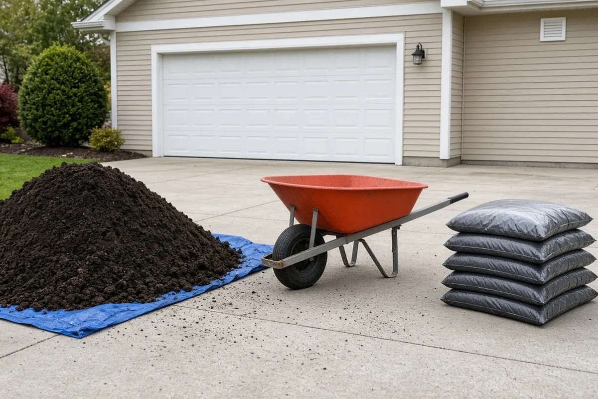 A bulk pile of garden soil on a tarp beside a small stack of plain soil bags and a wheelbarrow on a driveway