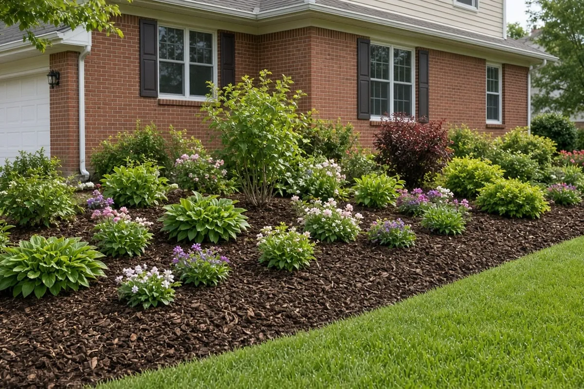 A long, wide front-yard flower border covered with fresh brown bark mulch, seen from the lawn