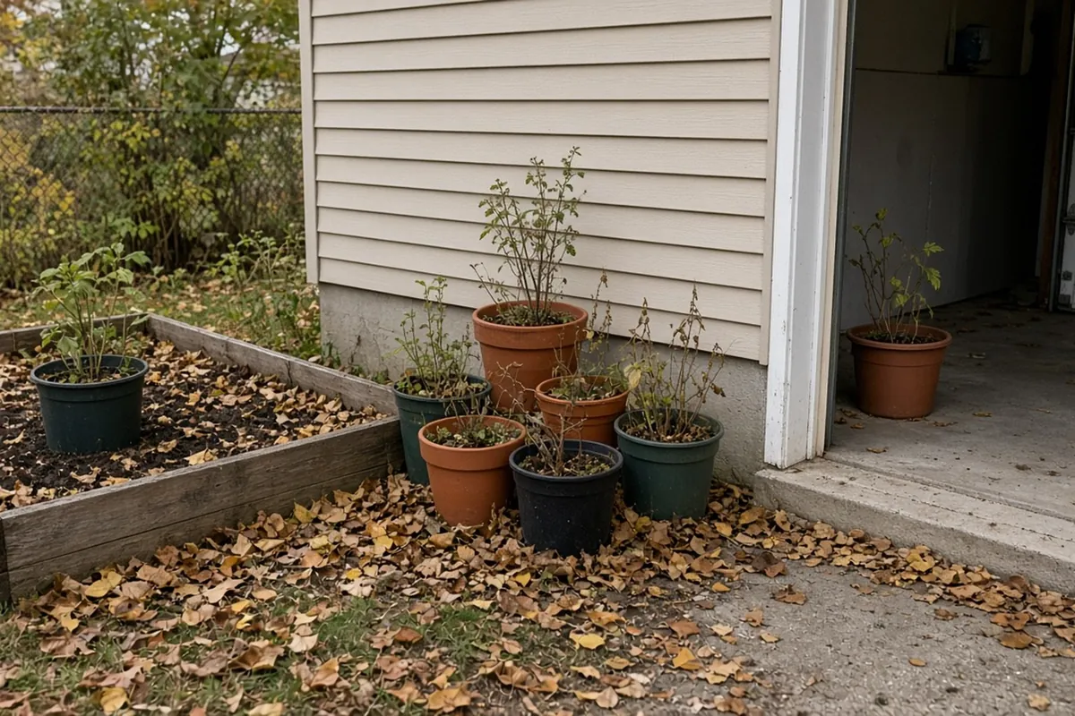 A pot sunk in a garden bed, a group of pots against a wall and a pot on an open garage floor