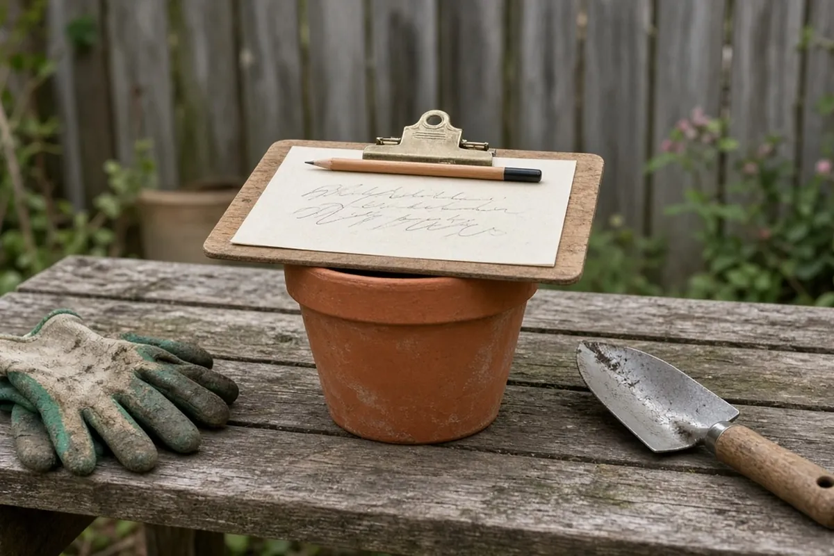 A clipboard with a handwritten-style list on an empty pot on a potting bench, a pencil in the clip