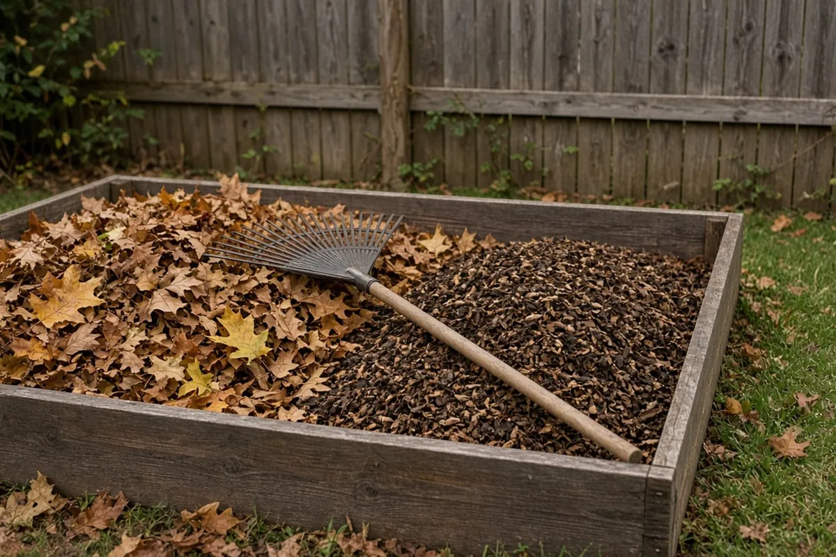 A pile of whole oak and maple leaves beside a pile of shredded leaves with a leaf rake between them