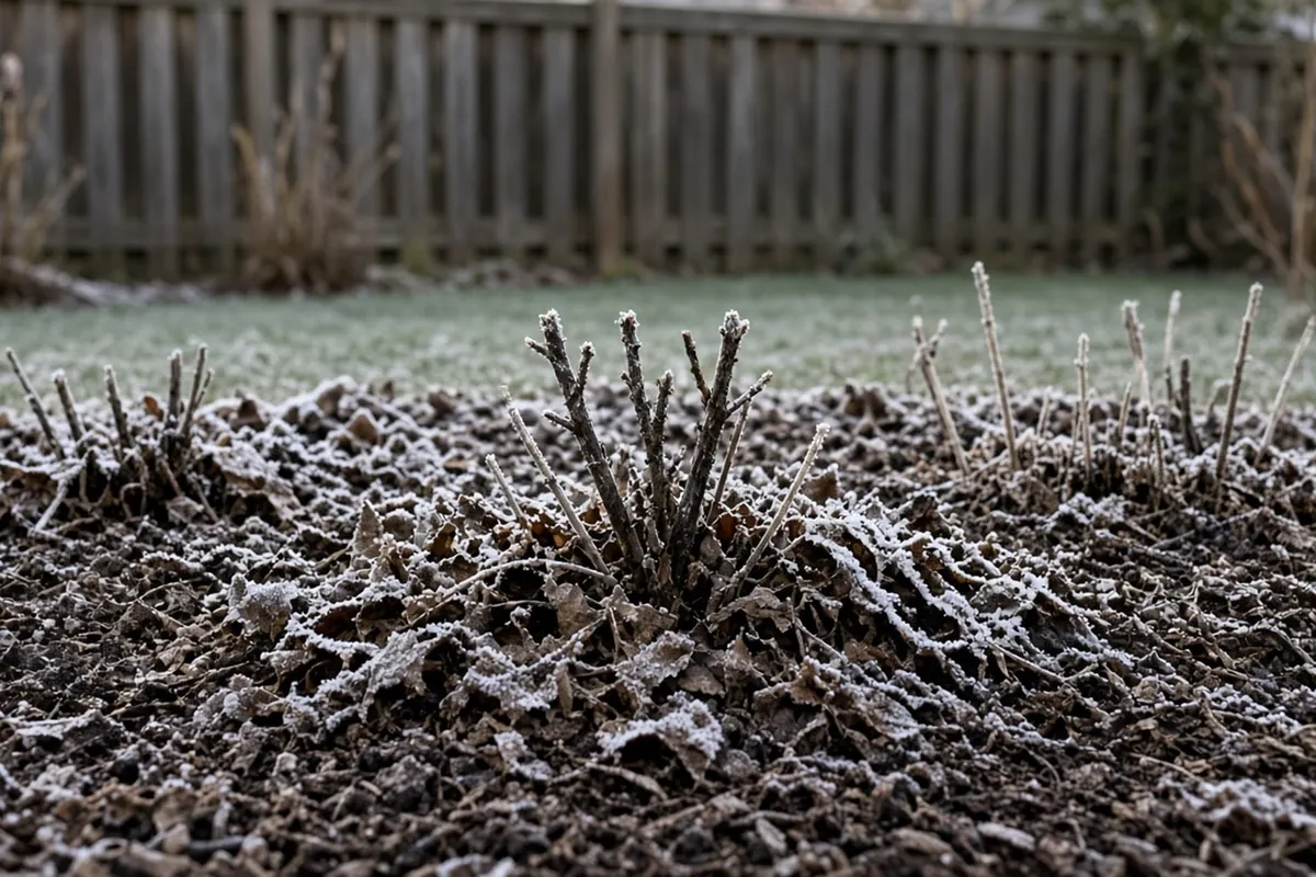 Shredded leaves spread around the base of cut-back perennials in a border in late fall