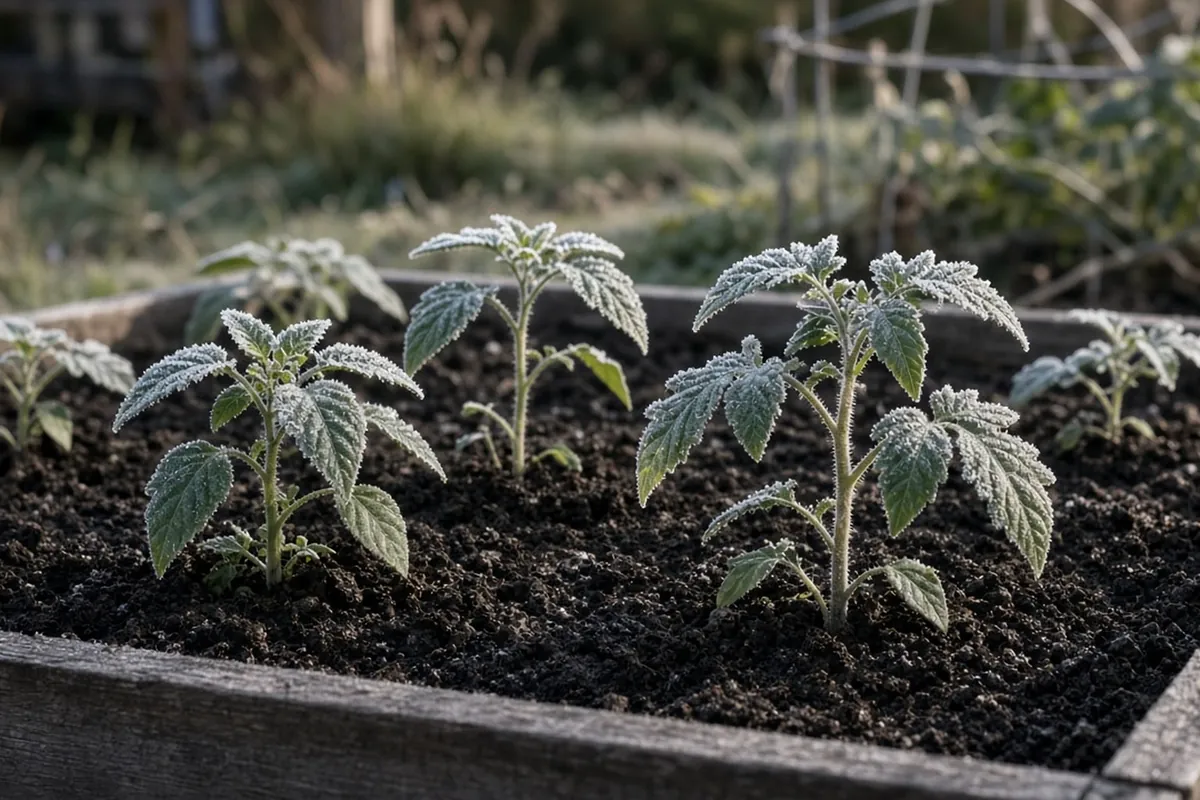 Pepper and tomato plants in a May vegetable bed with leaves edged in ice crystals