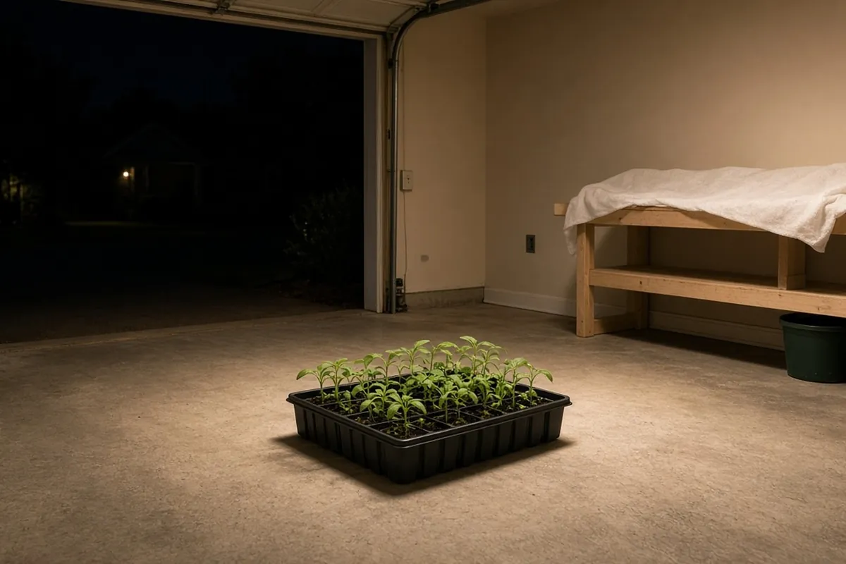 Tender transplants in a flat moved into an open garage at night with frost cloth folded on a shelf