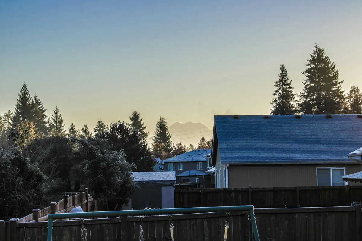 Frost on roofs and board fences across a row of backyards just after sunrise
