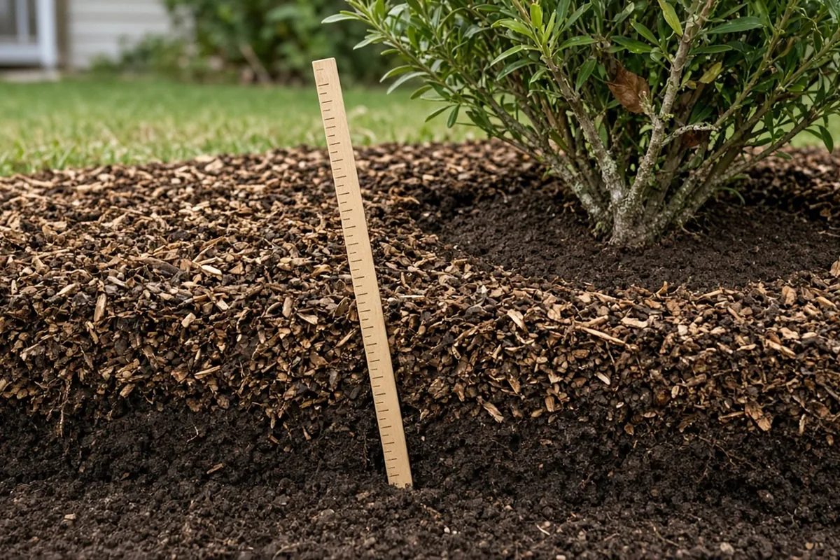 A ruler pushed into wood chip mulch showing a 3 inch layer over dark soil, with a shrub base kept clear