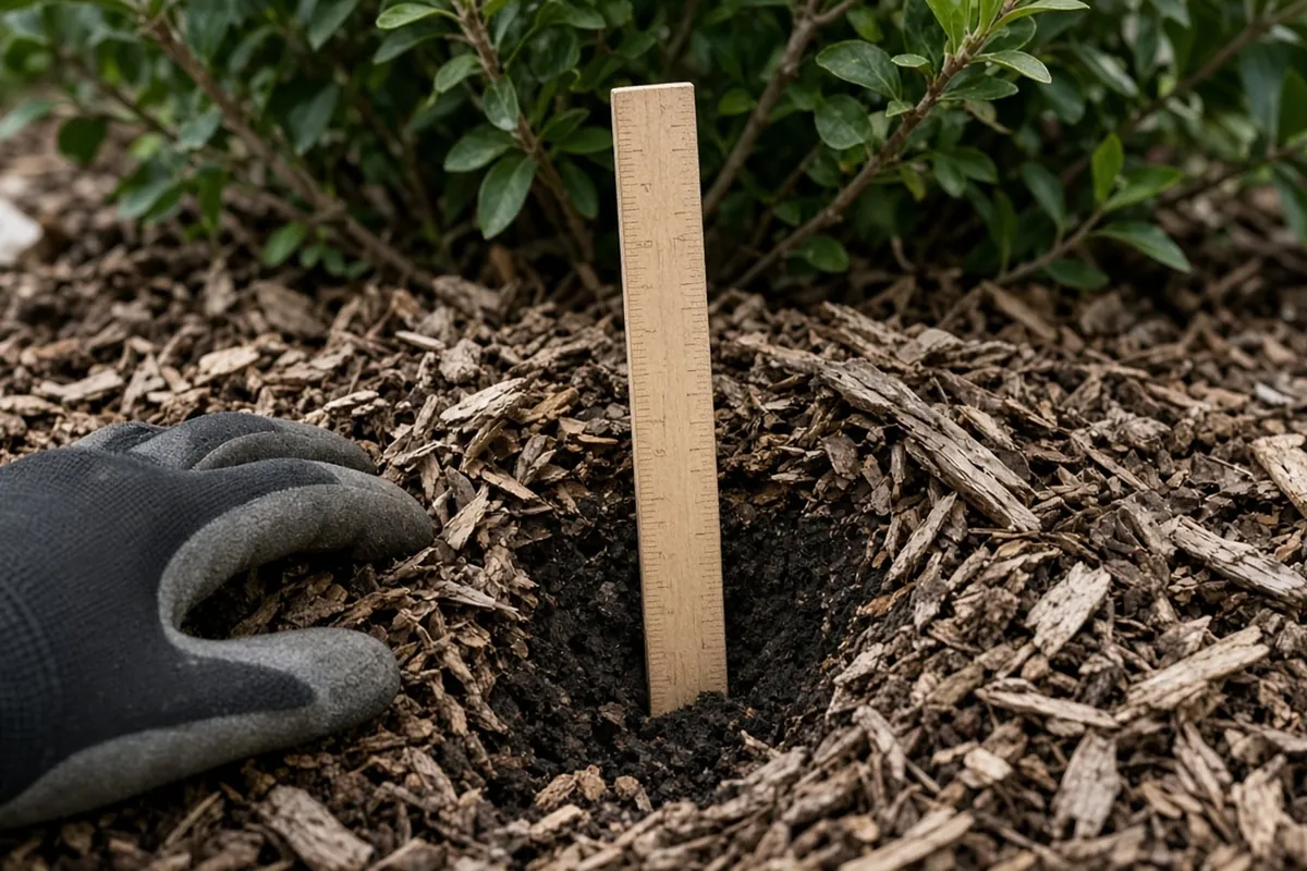 A gloved hand pulling back old, faded mulch around a shrub with a ruler lying on the mulch
