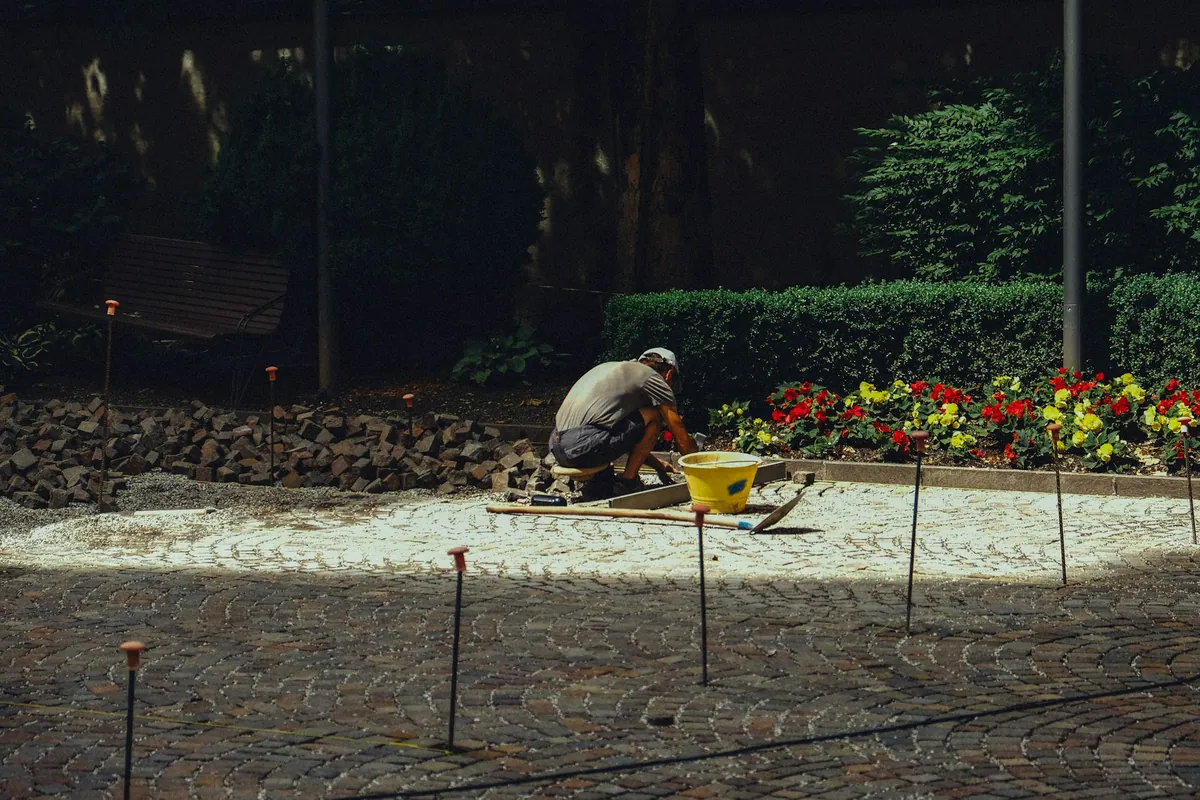 A worker kneeling to set pavers in a patio marked out with thin stakes, next to a flower border