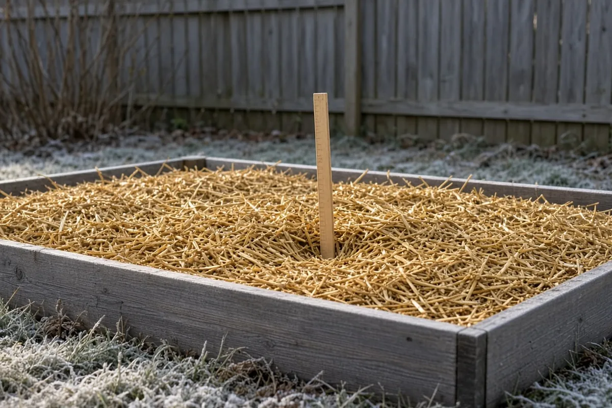 A garlic bed under 3 to 4 inches of loose straw with a ruler pushed in to show the depth, frost on the grass