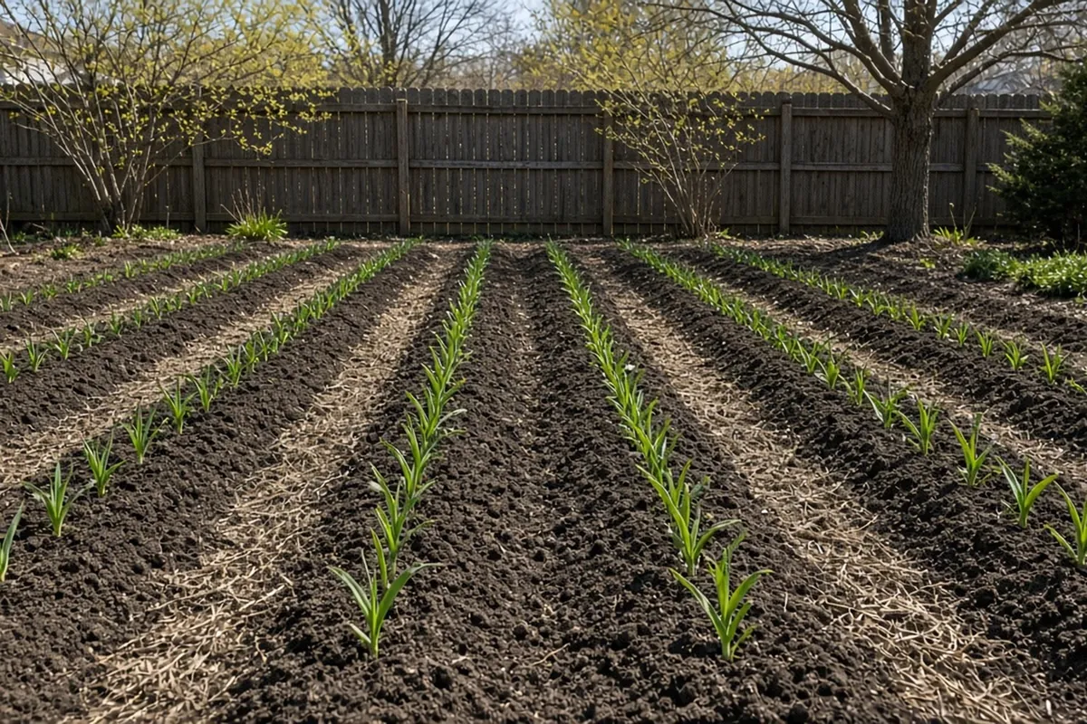 Straw raked back into the paths between rows of green garlic shoots in early spring