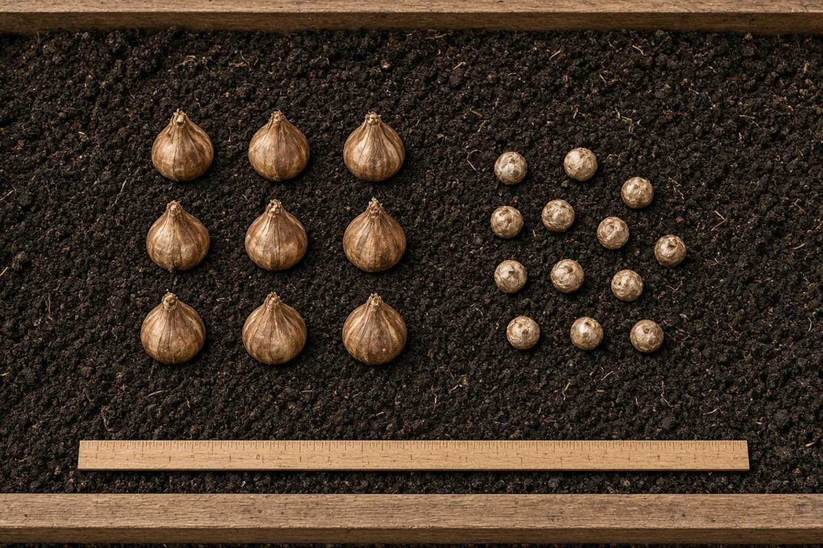 Nine tulip bulbs set out on a grid in a square foot of bed with a ruler along the edge