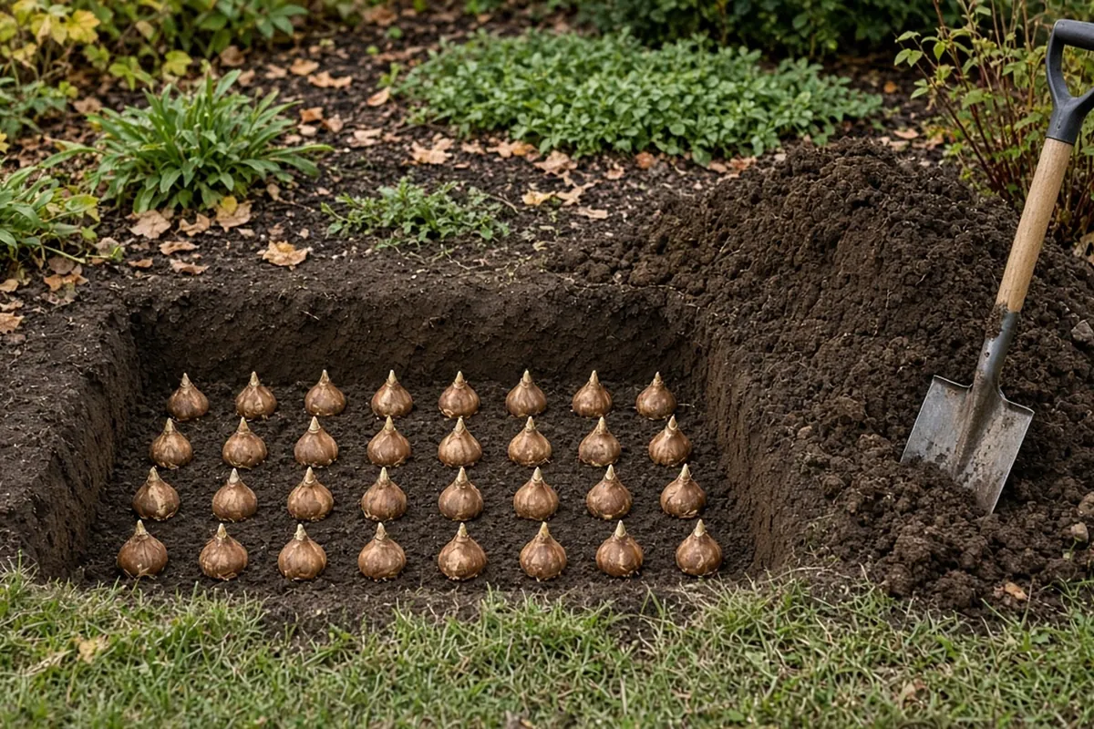 A dug bed with daffodil bulbs spaced across the bottom, a spade and the dug soil heaped beside it