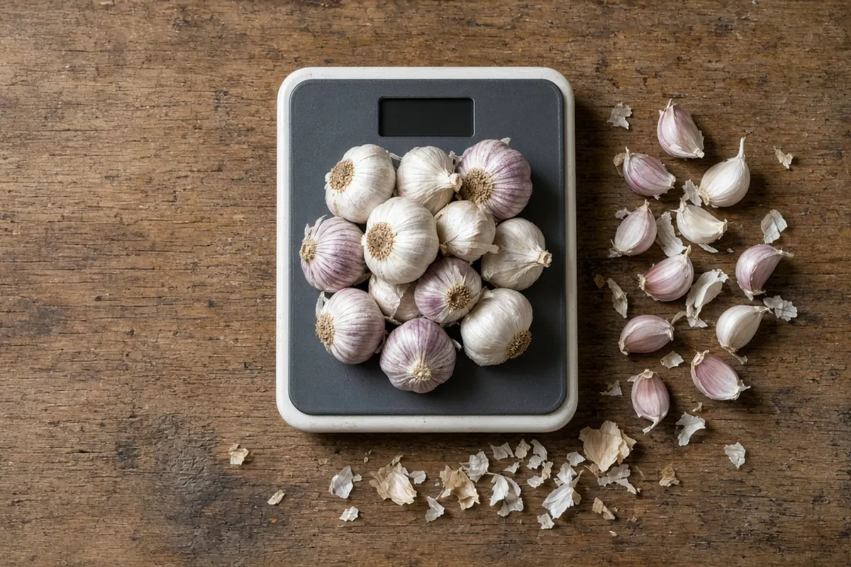 Whole garlic heads and a pile of separate cloves on a wooden table with a kitchen scale holding a pound of heads