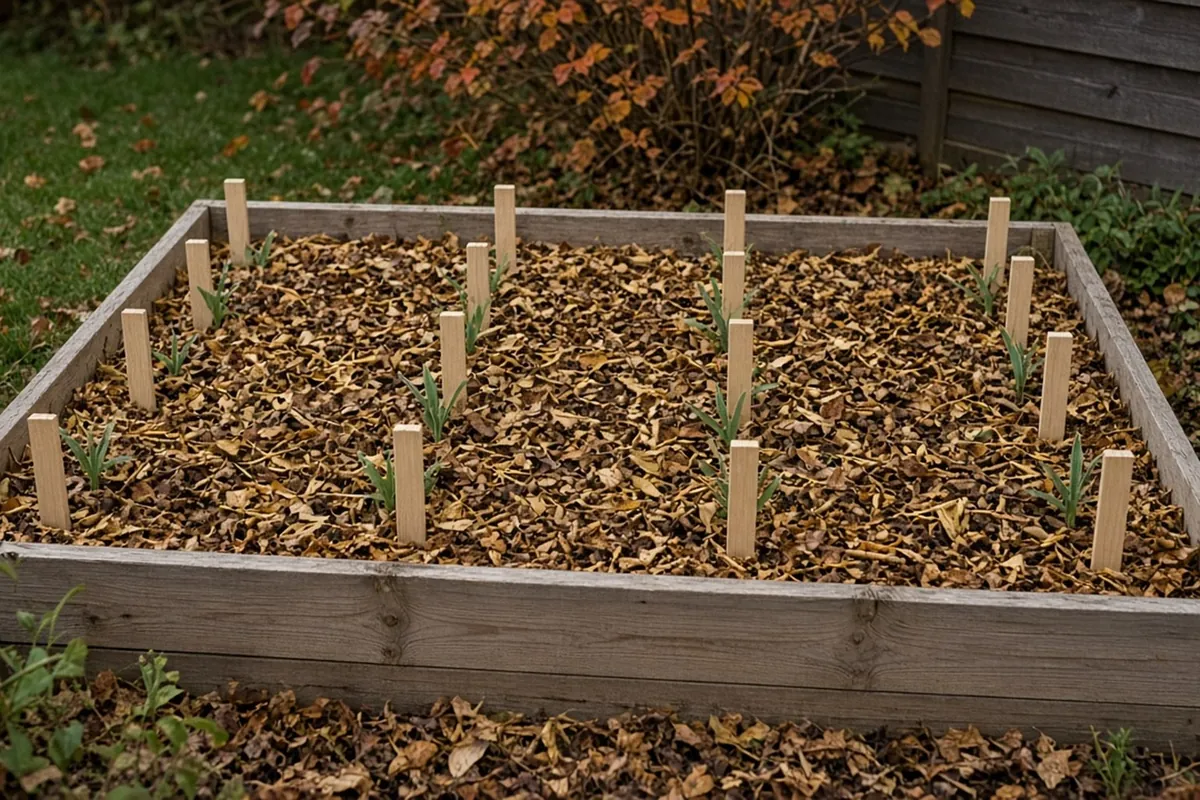 A planted garlic bed mulched with shredded leaves and straw, with small markers at the bed ends