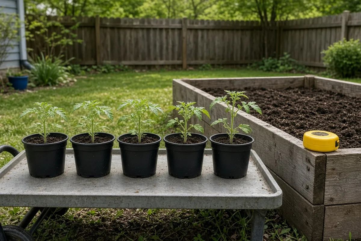 A short row of tomato seedlings in 4 inch pots on a garden cart beside a raised bed with a tape measure