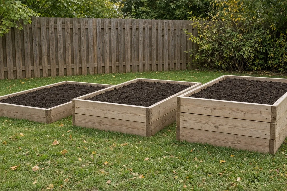 Three raised beds in a backyard, one, two and three boards high, filled with dark soil and nothing planted