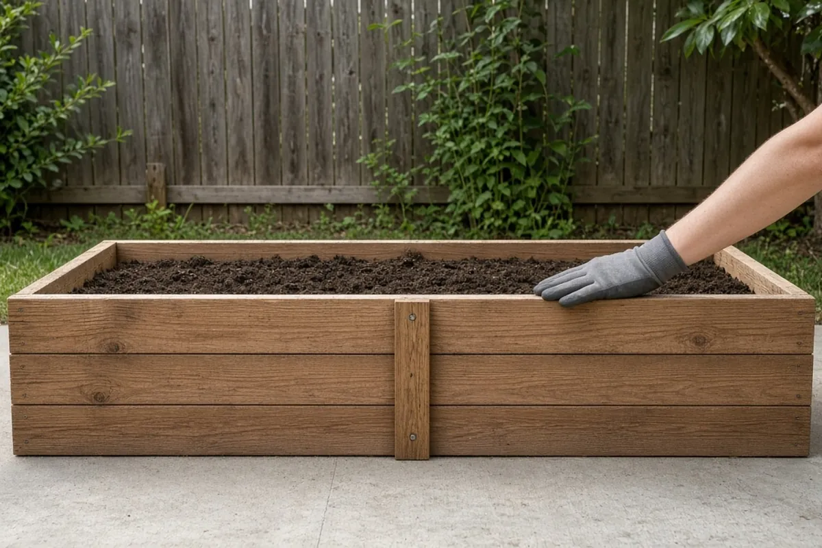 Side view of a tall raised bed on a concrete patio with a bracket on the long side and a gloved hand on the top board