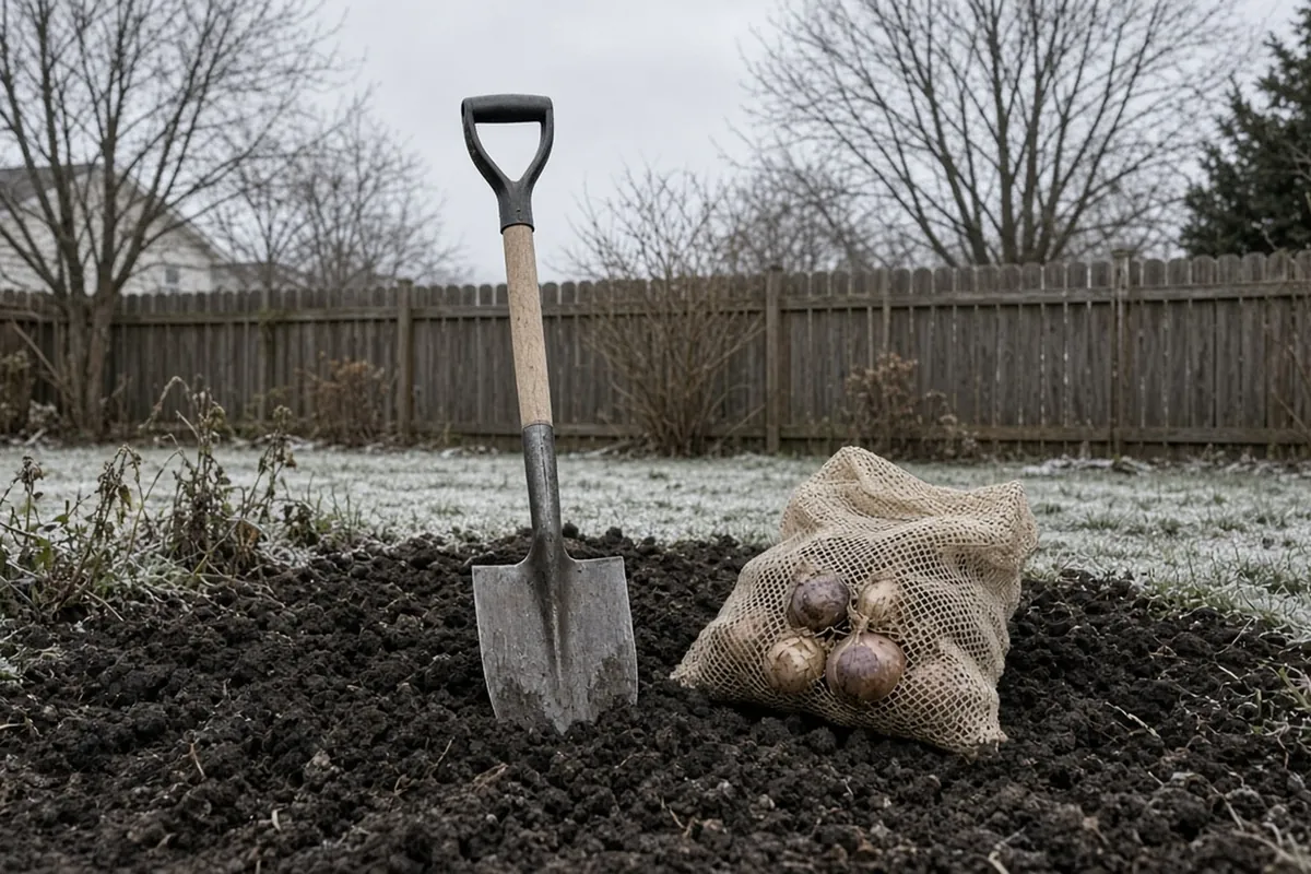 A spade cutting into cold soil beside a half-used bag of bulbs, with frost on the lawn and bare trees