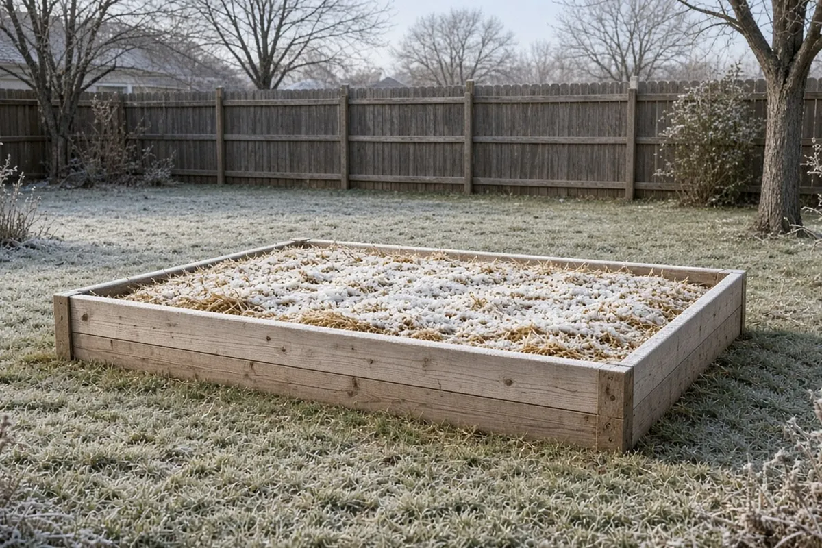 A bulb bed with frozen soil under a layer of straw with a crust of light snow