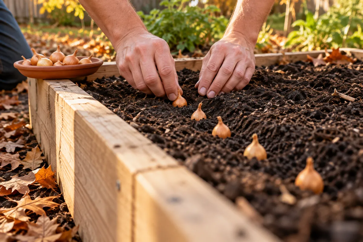 Hands setting onion sets into dark soil in a wooden raised bed beside a dish of sets and fallen leaves