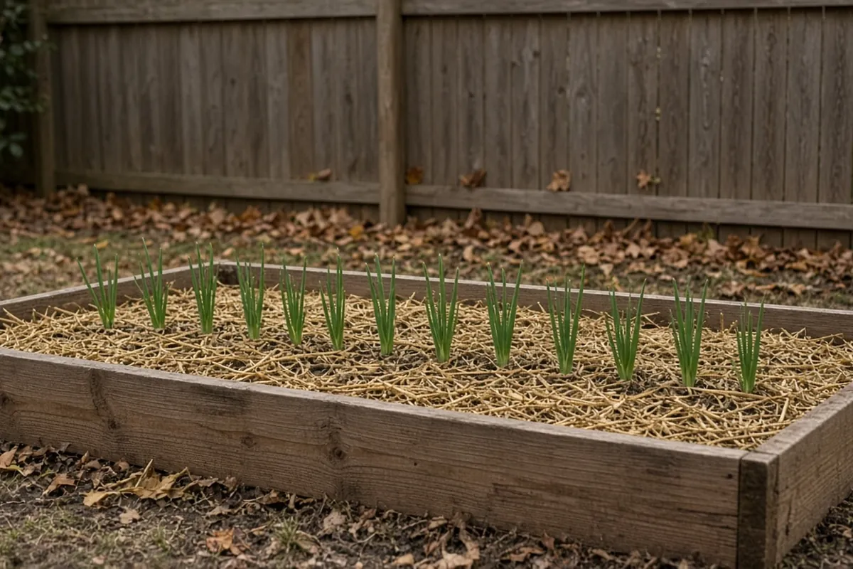 Young onion shoots in a row with a light straw mulch around them in late fall