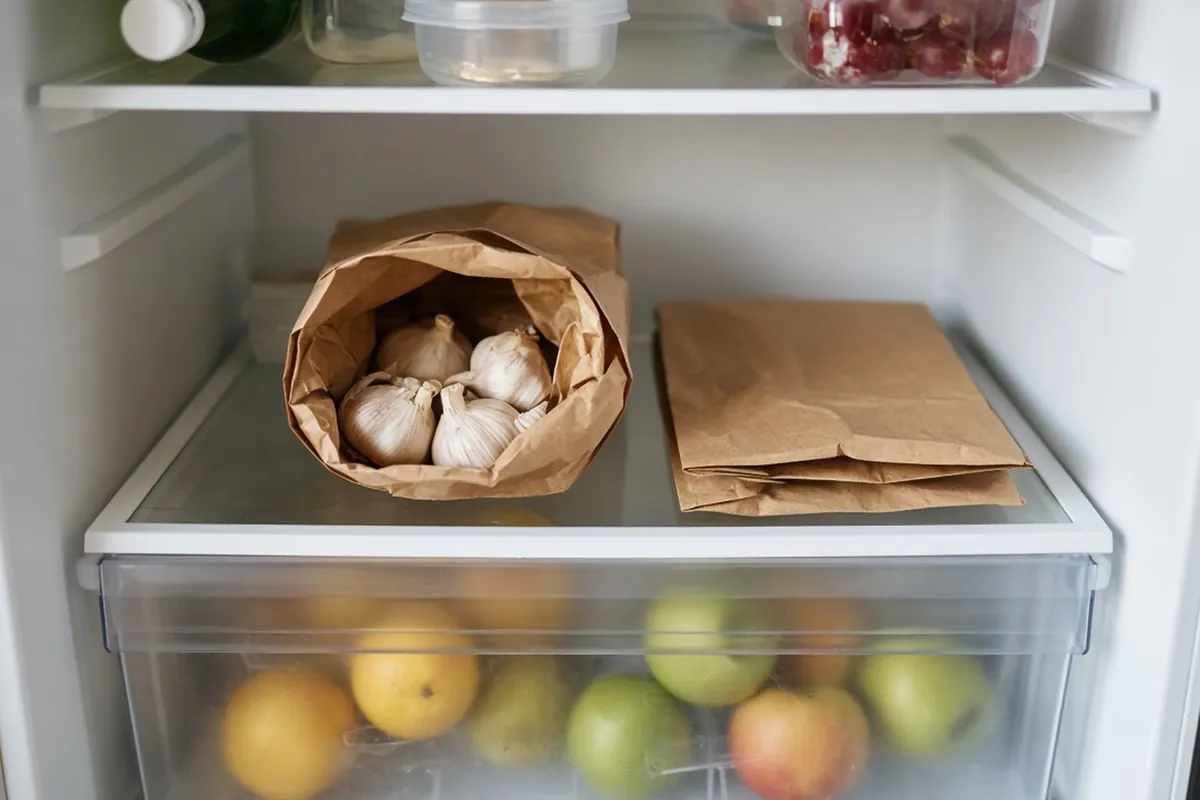 Garlic heads in a paper bag on the shelf of an open refrigerator, apart from fruit