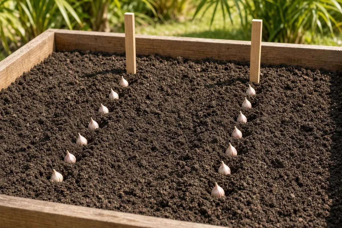 Two short rows of garlic cloves in a warm-climate raised bed, each row marked with a blank wooden stake
