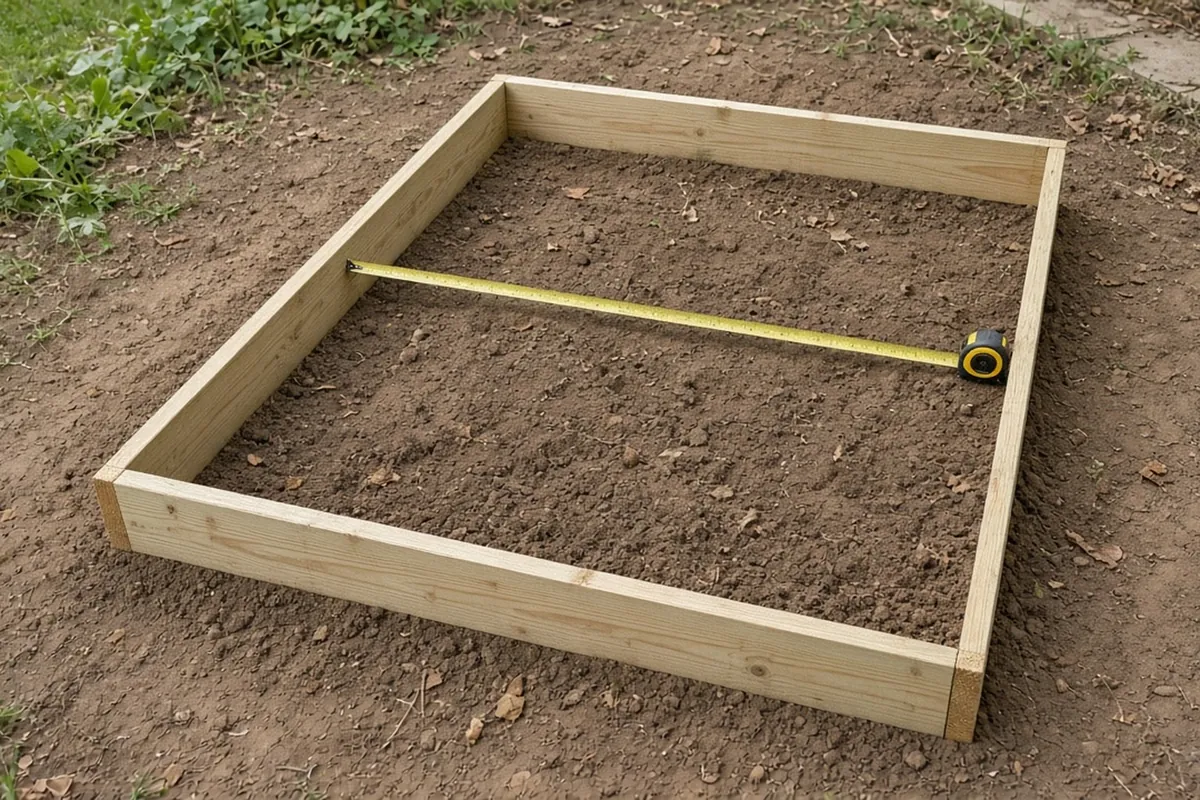 Looking down into an empty raised bed frame with a tape measure stretched between the inside faces of two boards