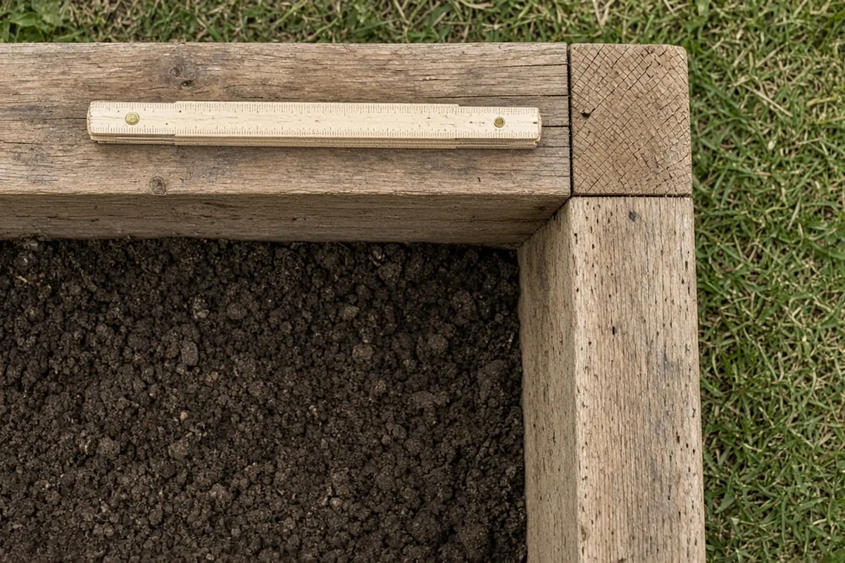A raised bed corner from above showing the end grain of a 2x board against a folding ruler
