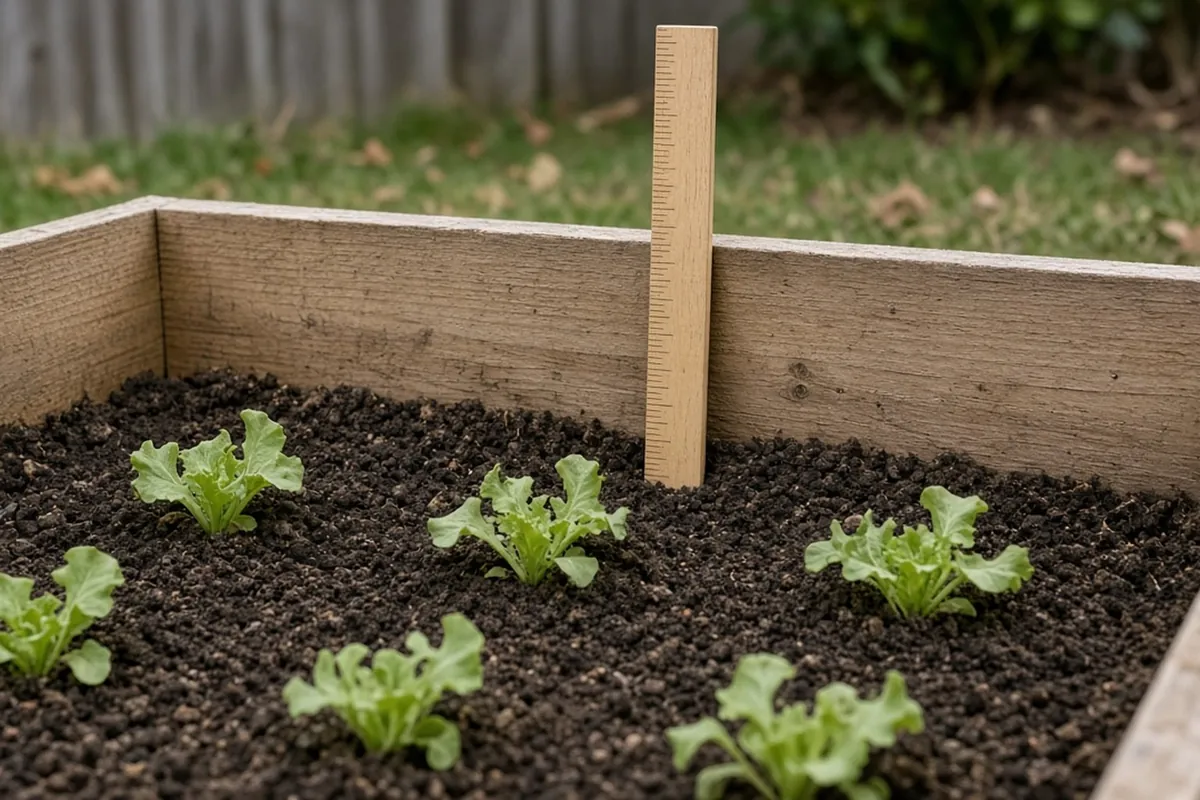 A raised bed with soil settled about 2 inches below the top board and a ruler upright against the inside wall