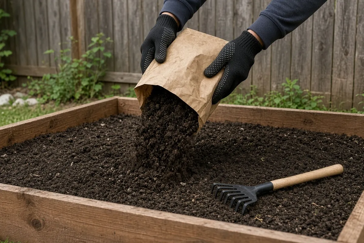 Fresh dark soil tipped from a bag onto a settled raised bed and spread with a hand rake