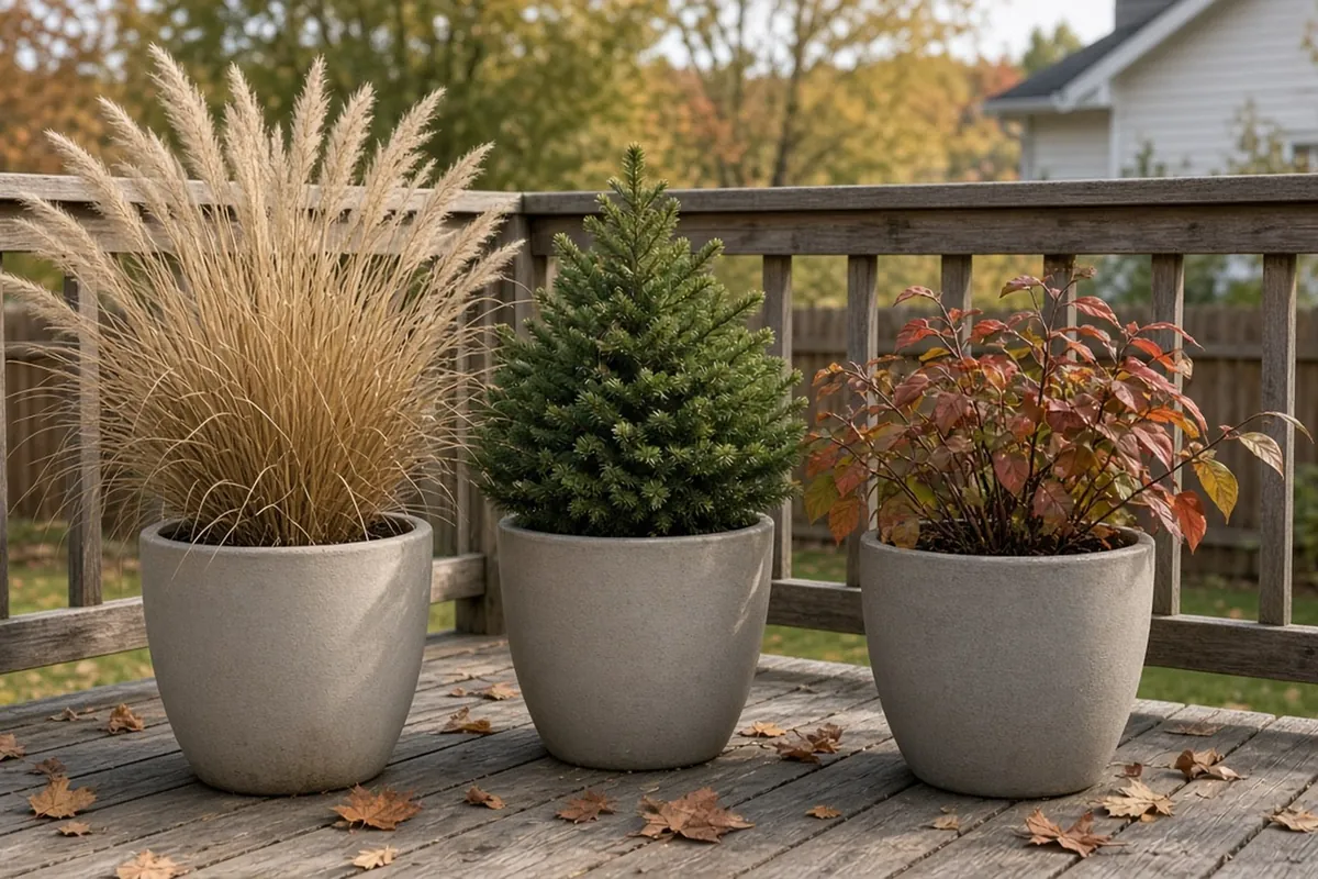 Hardy perennials, ornamental grasses and a small evergreen in large pots on a deck in fall