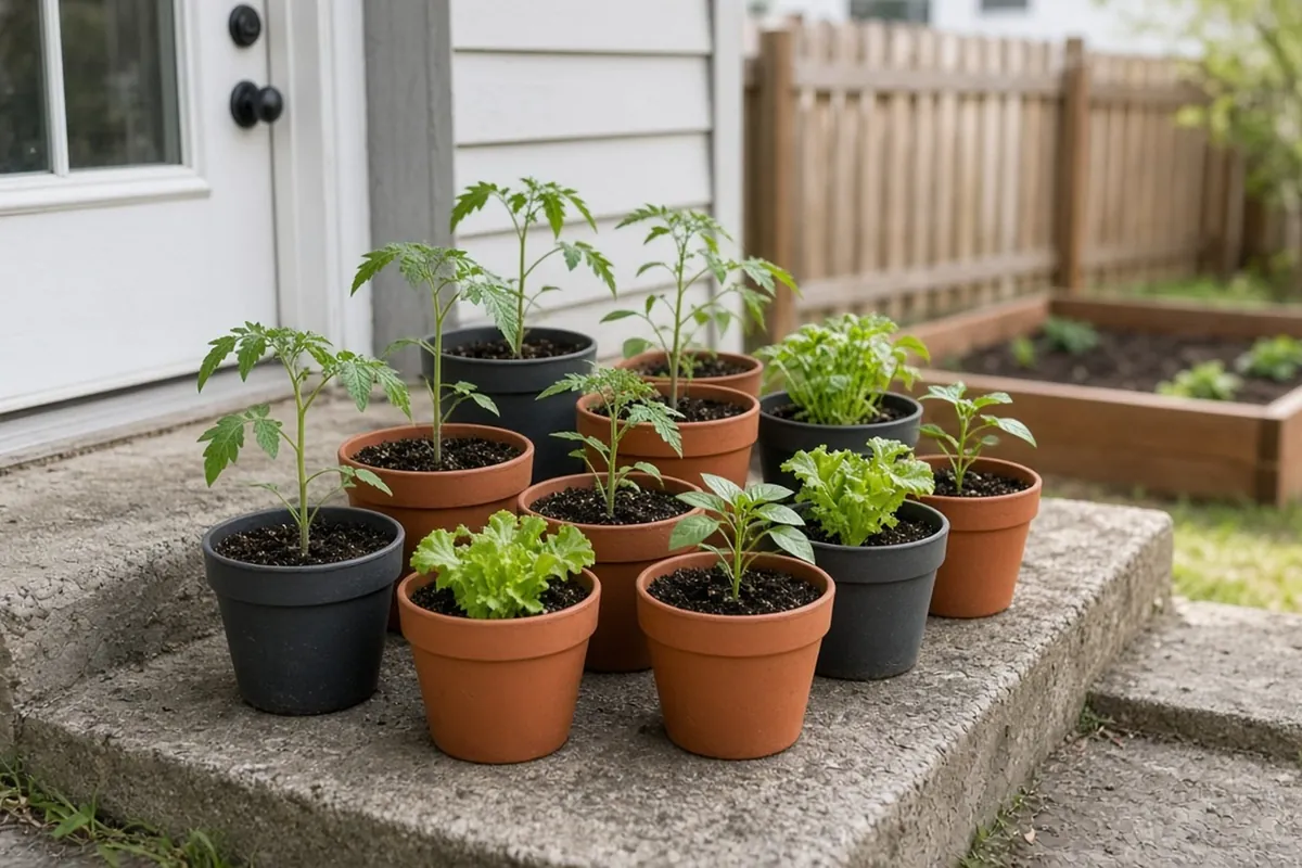Vegetable seedlings in small pots on a back step in spring, waiting to go into the garden