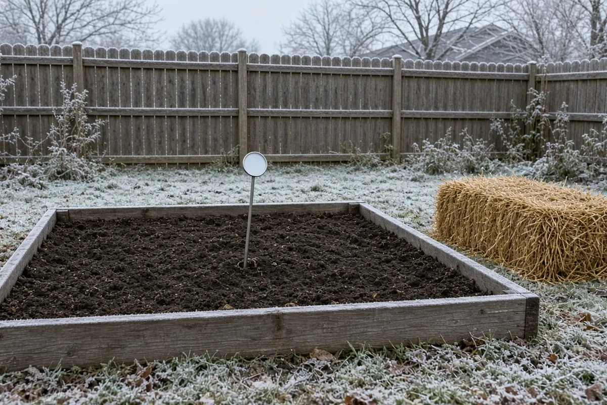 A raked bed of bare soil ready for garlic in a frosted fall garden, with a thermometer and a bale of straw