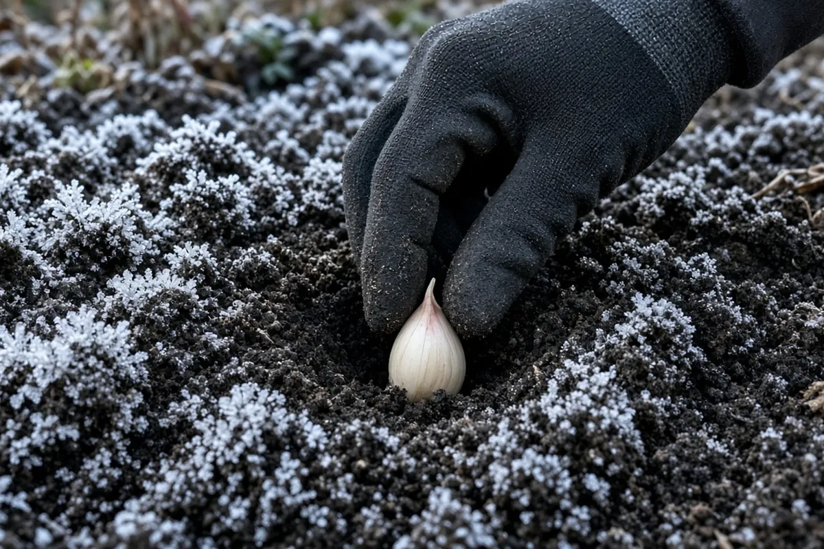 A gloved hand setting a garlic clove 2 to 3 inches deep into cold soil with frost on the clods