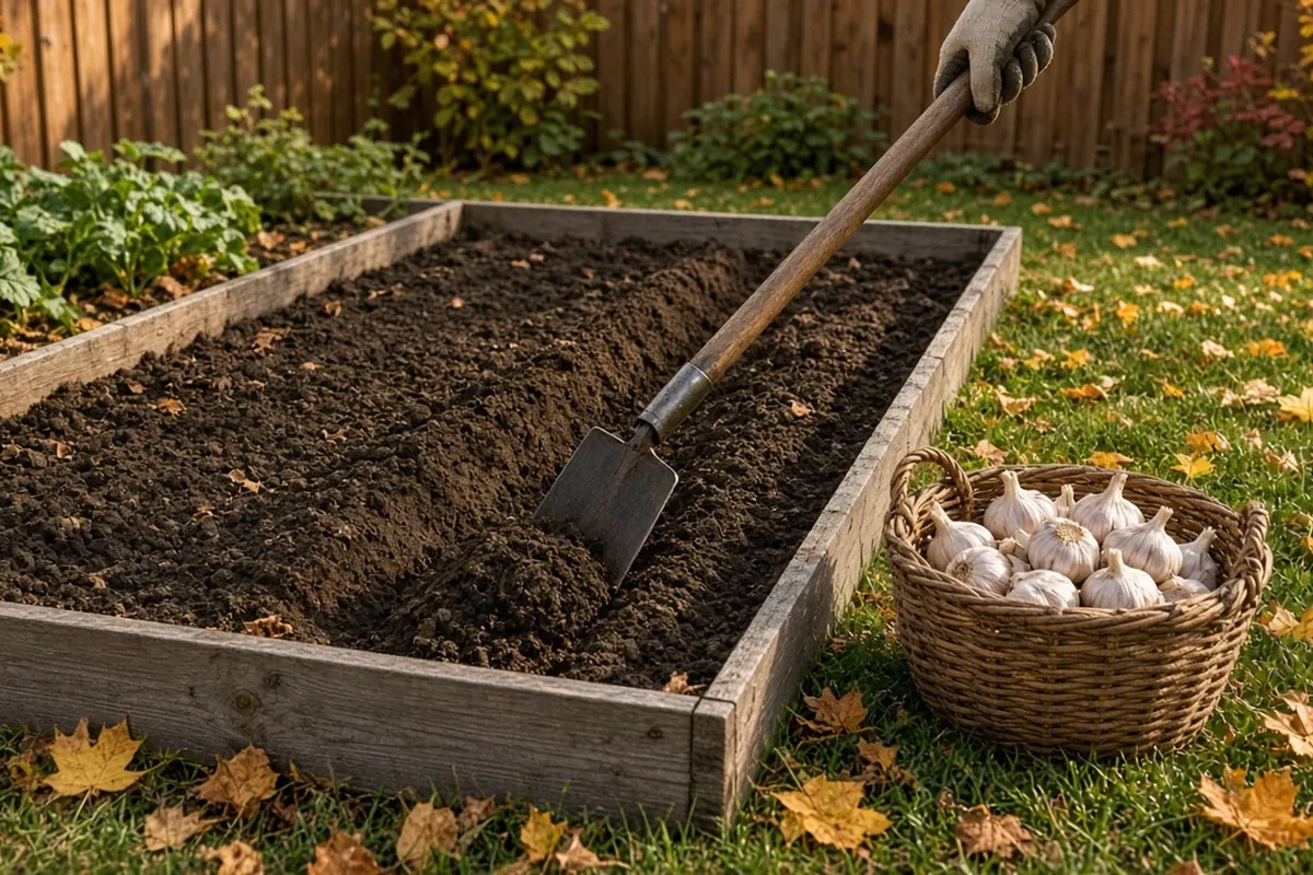 A straight furrow opened with a hoe in a fall bed, with a basket of garlic heads and colored leaves on the grass