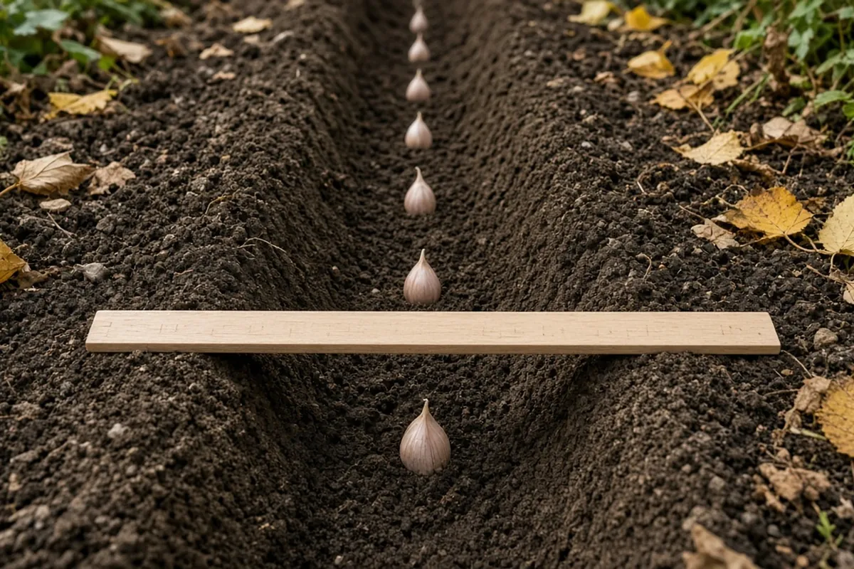 Garlic cloves standing pointed end up in a furrow about 2 inches deep with a ruler across it