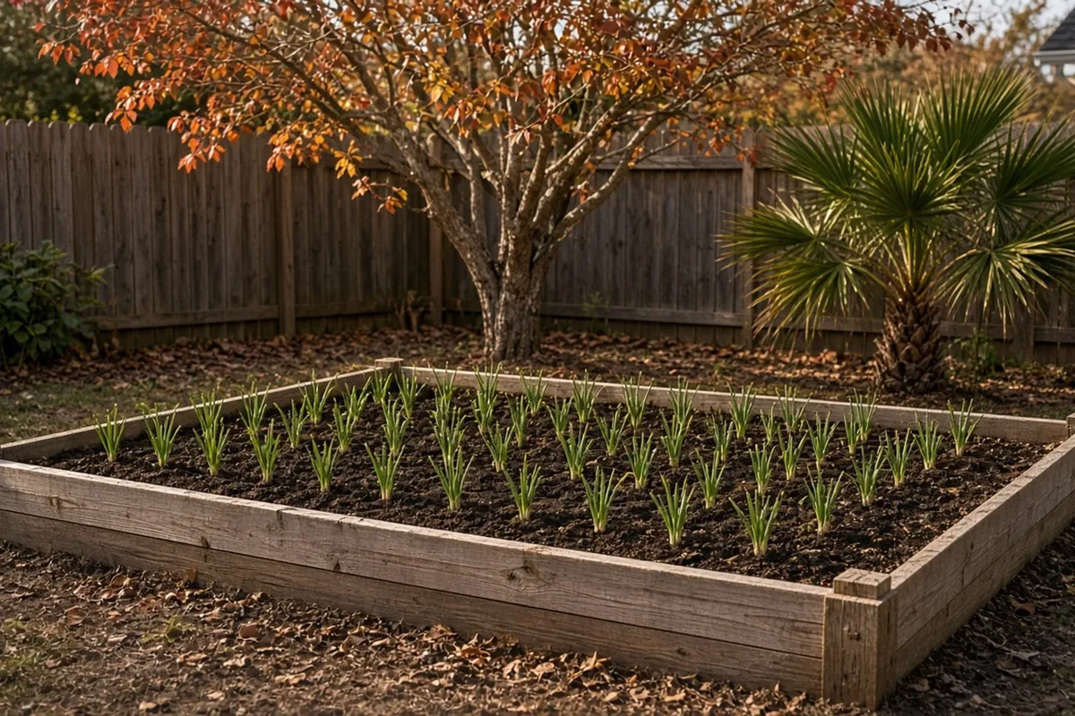 A Southern raised bed in November with short green garlic shoots in rows and a crape myrtle behind