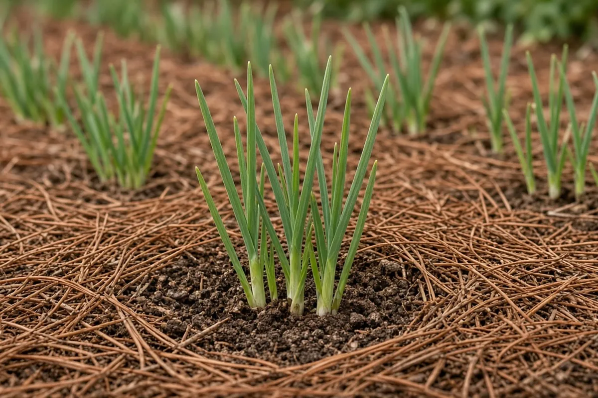 Pine straw tucked between rows of young garlic shoots, kept a little away from the stems