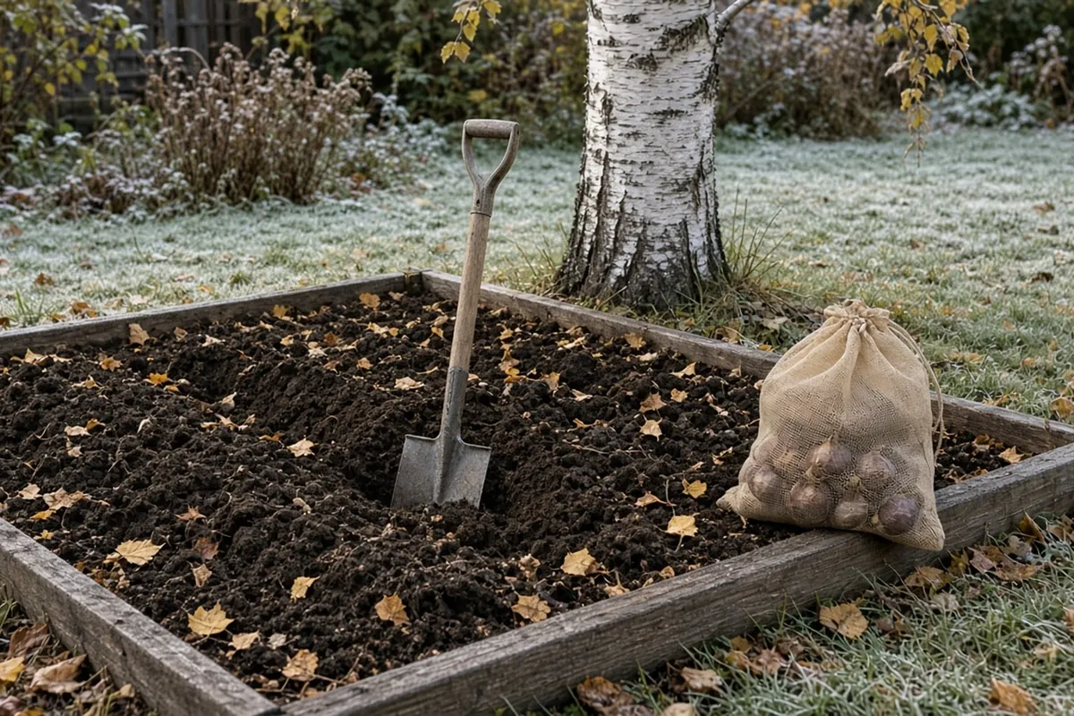 A northern bed dug for tulips in mid-October with birch leaves on the soil and a bag of bulbs on the edge