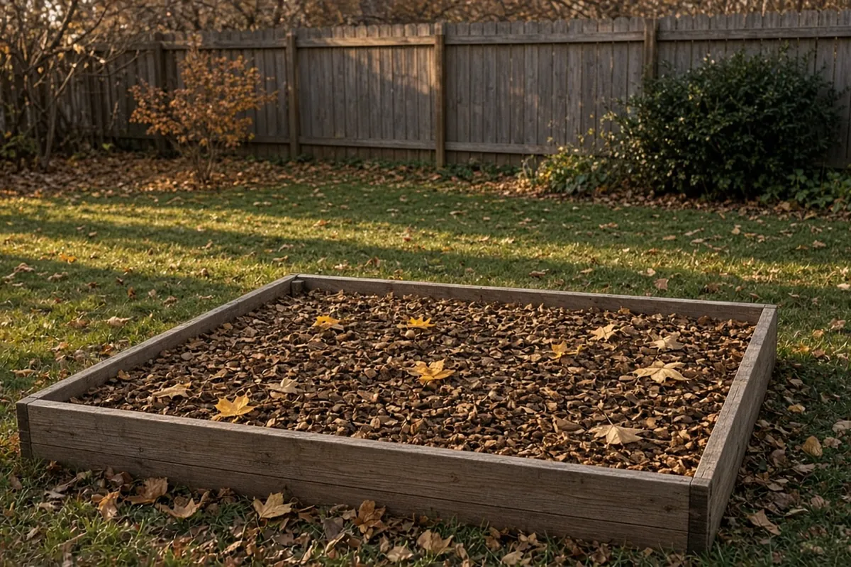 A finished tulip bed covered with loose wood mulch and a few blown leaves in late fall light
