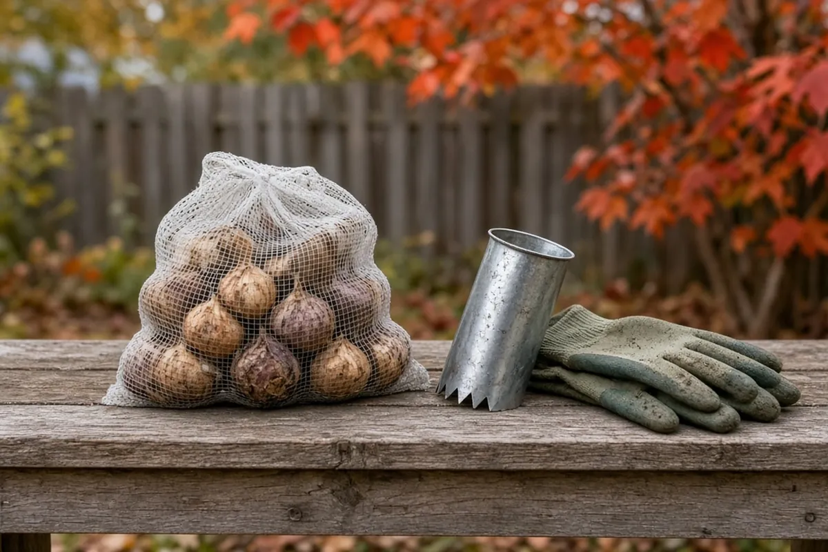 Tulip bulbs in a mesh bag on a garden bench with a bulb planter and gloves, fall color behind