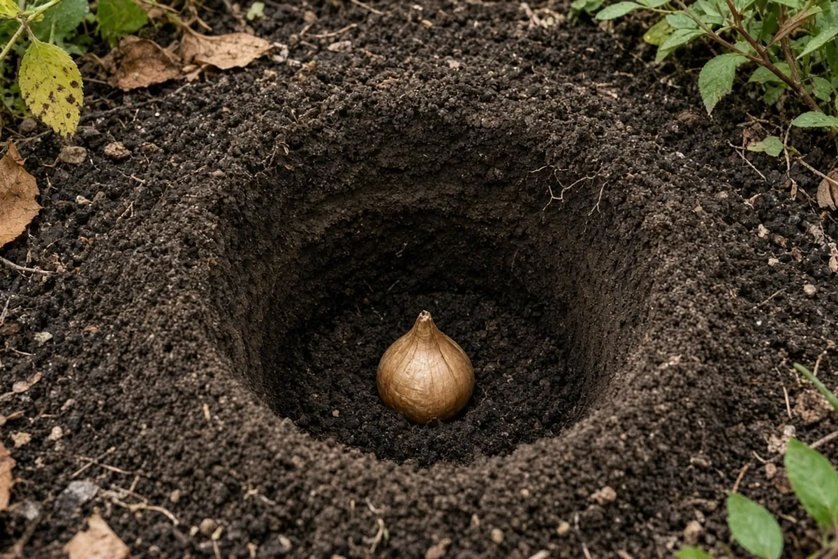 A single tulip bulb set pointed end up at the bottom of an 8 inch hole, the wall of the hole showing the depth