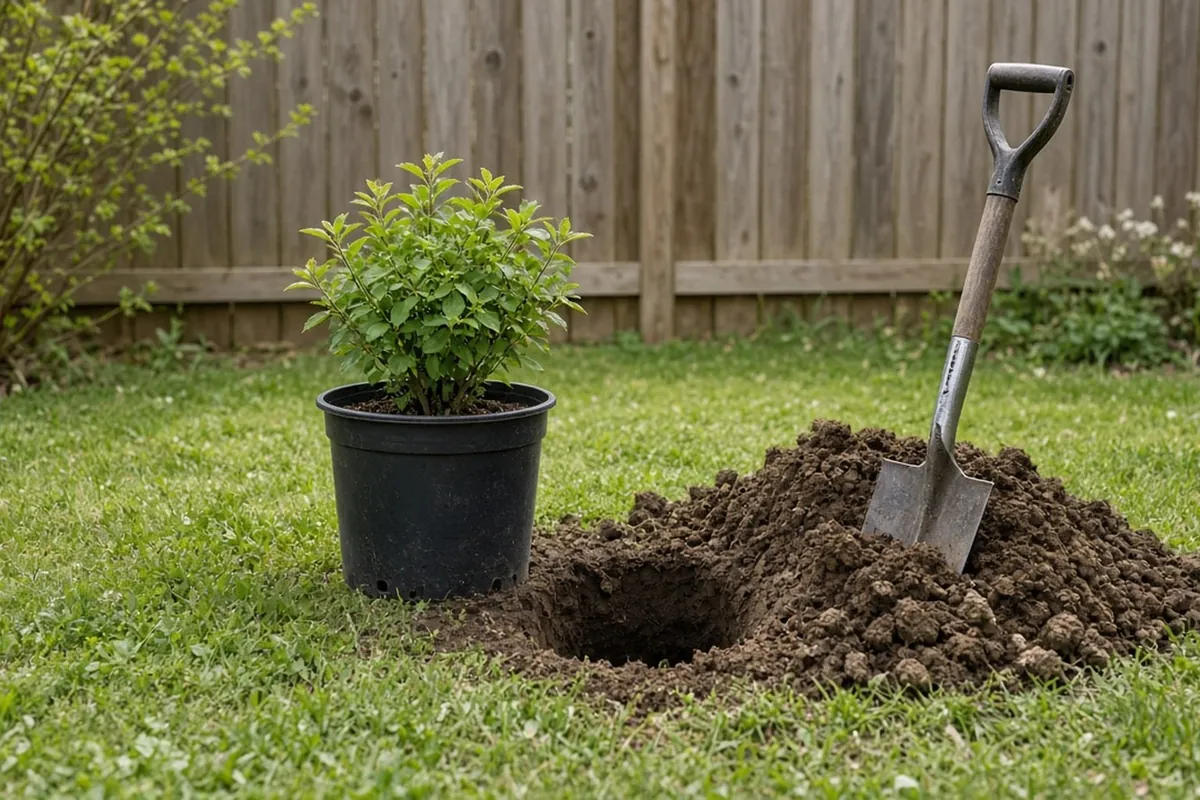A young shrub in a nursery pot beside a freshly dug planting hole with a spade in the soil