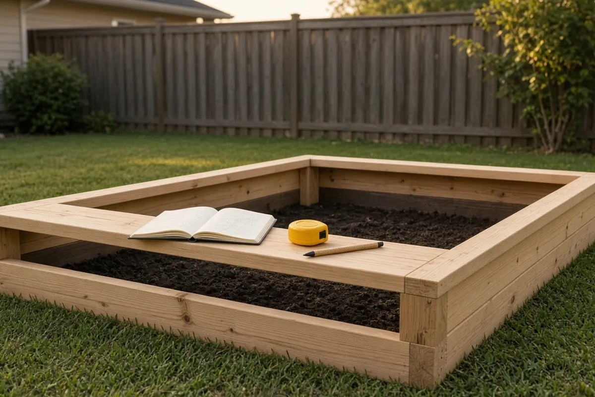 A notebook, tape measure and carpenter pencil on the top board of a new raised bed frame at dusk