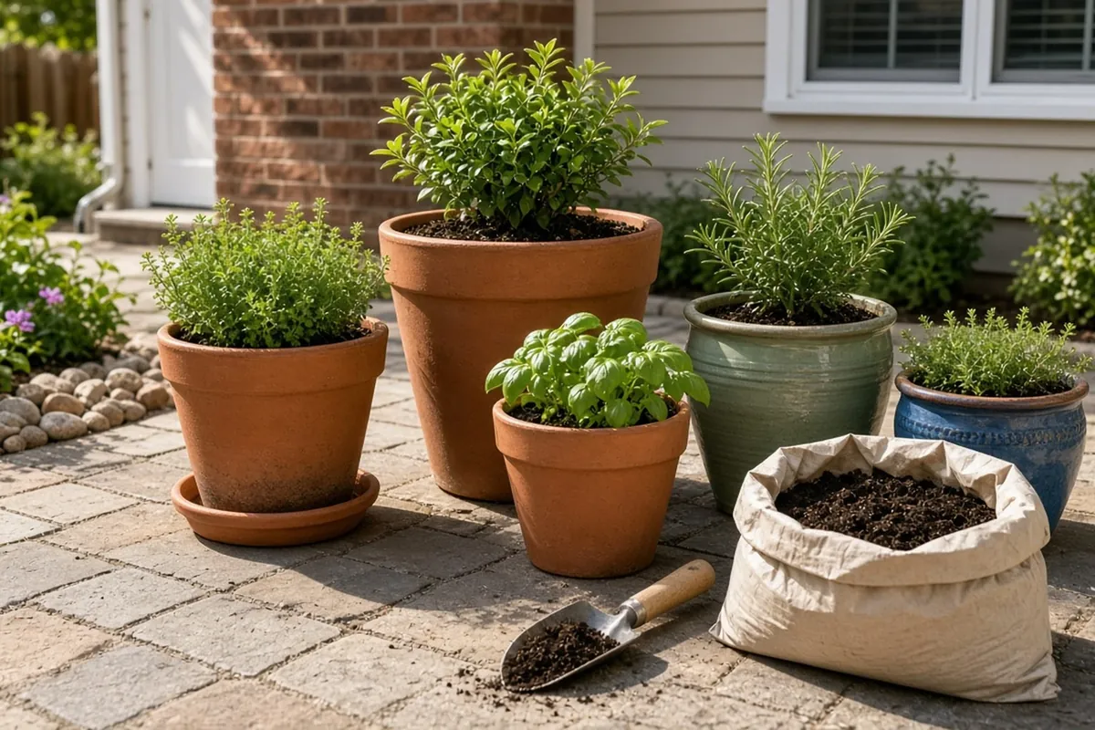 Terracotta and glazed pots of four sizes planted with herbs on a sunny patio, with a bag of potting mix