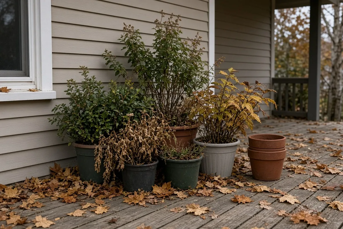 Potted shrubs and perennials grouped against a porch wall in late fall with fallen leaves on the boards
