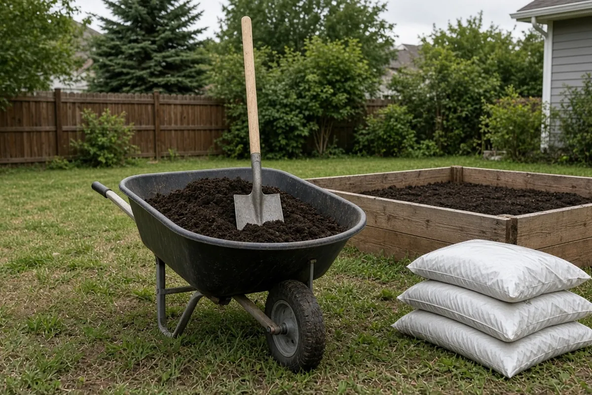 A wheelbarrow of dark soil beside a raised bed, with a shovel in the pile and plain soil bags on the lawn